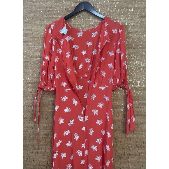 Ghost London Women's Red Orange Printed Crew-Neck Ruffle Crepe Midi Dress Size S - Picture 5 of 10